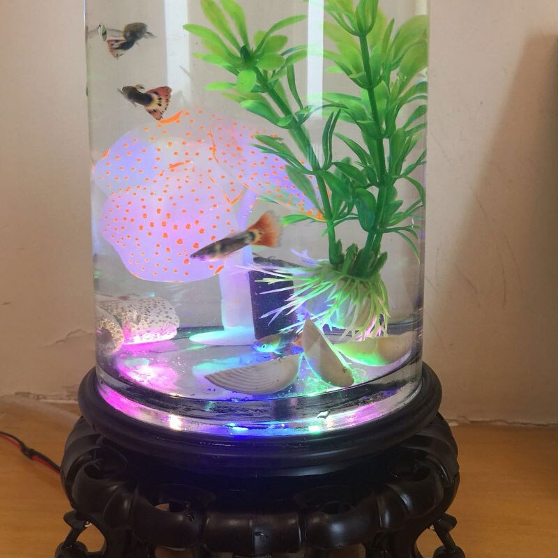 Standing Barrel Shape Fish Tank 360 Ultra Clear Glass Fish Bowl Desktop Mini Ecological Aquarium Room Decor with LED Air Pump