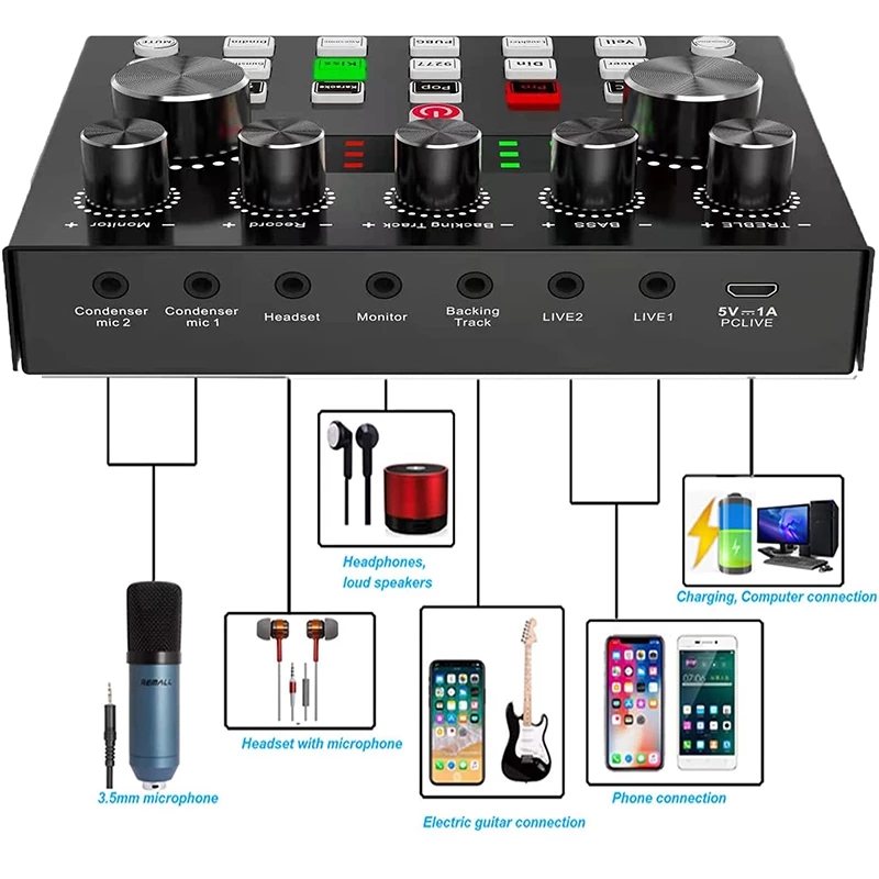 V8S Audio- Rührgerät USB Externe Soundkarte praktisch Live Stimme Wechsler Soundkarte Mit Mehrere Klang Effekte