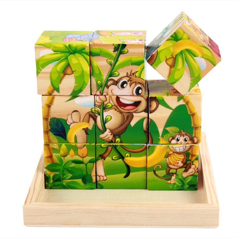 1PC Kinder Cartoon Holz Neun Blöcke Sechs-seitige Weisheit 3D Tier Würfel Puzzle Spielzeug für Kinder Bildungs baby Spielzeug