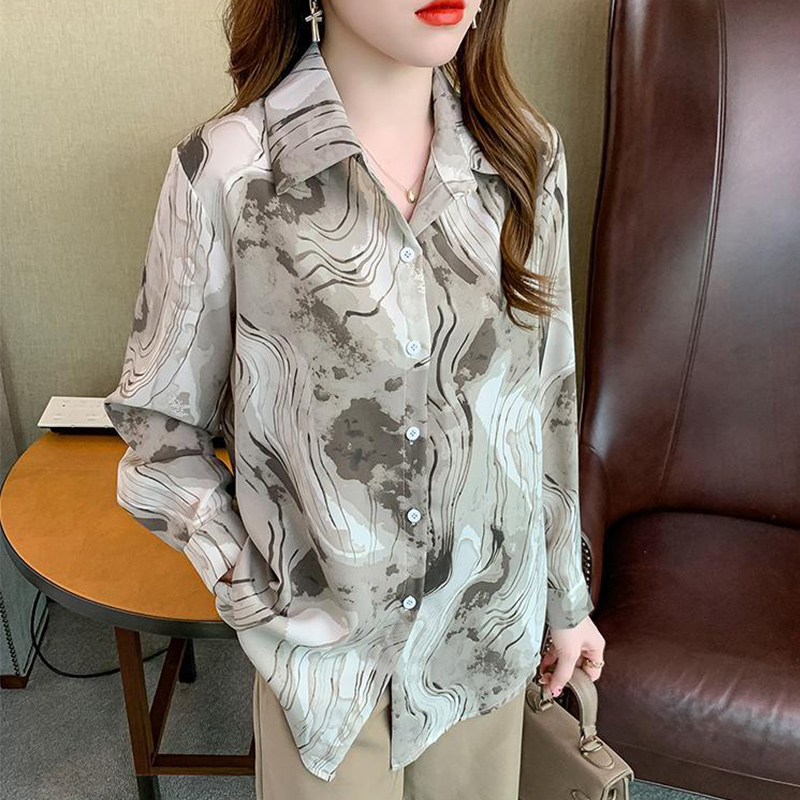 Spring Autumn Lapel Vintage Tie Dye Blouse Femme Long Sleeve Single Breasted Print Chiffon Shirt All-match Casual Blusa