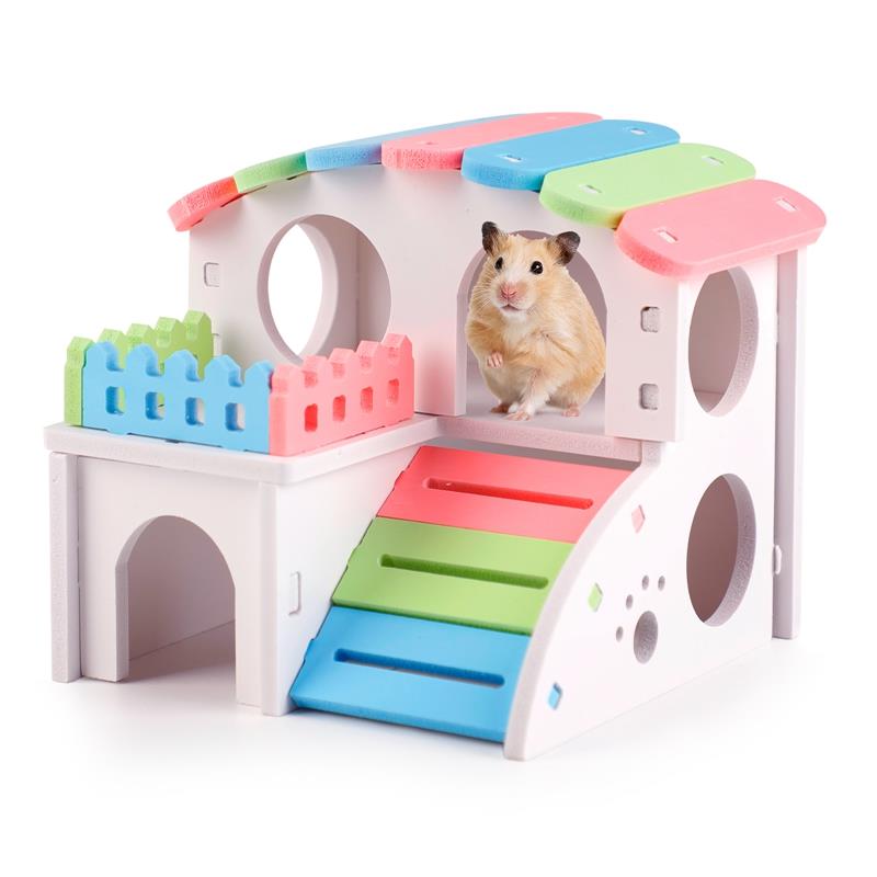 Longzhou Hamster Wooden House,3colors Wooden Double Decker Hamster House Small Animal Castle Sleeping House Nest Exercise Toy