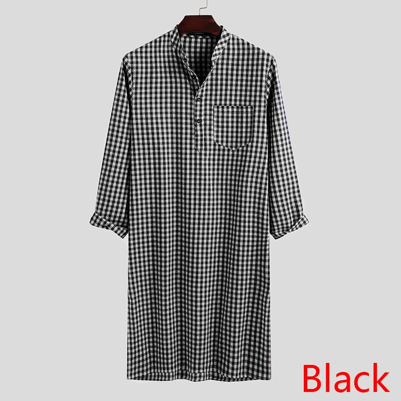 Incerun vintage lange overhemden heren geruite overhemden lange mouwen opstaande kraag camisa man losse knopen zak islamitische arabische tops: Zwart / Xl