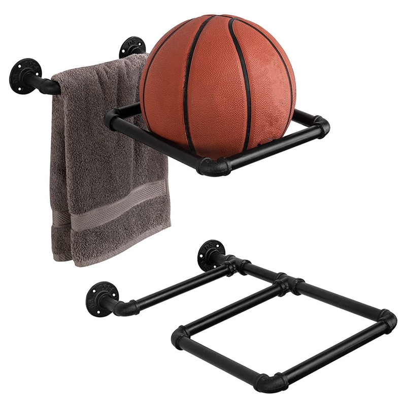 Wall-Mounted Black Industrial Pipe Home Gym Exercise Ball And Inflatable Yoga Balls Fitness Storage Display Rack