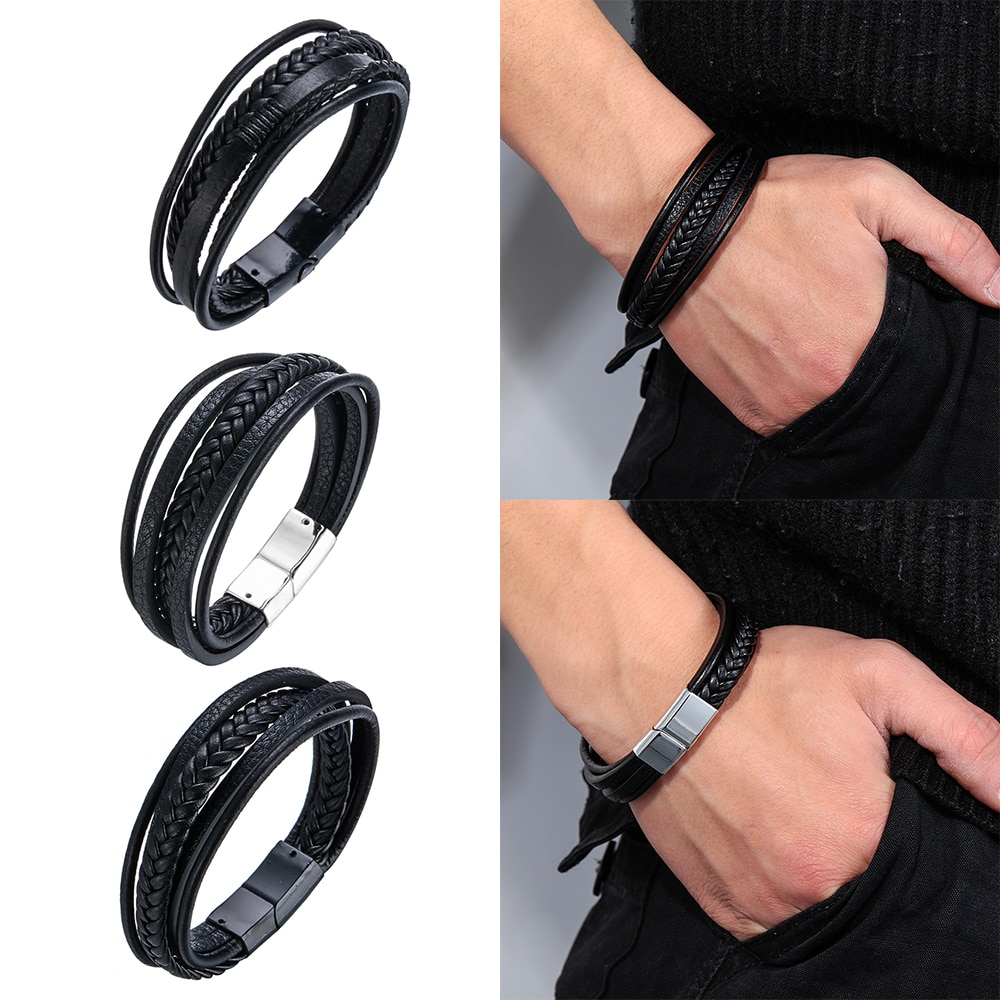 Pulseira de couro masculina, fivela de multicamada, pulseira de couro, fecho magnético, marrom, preto, 1 peça acessórios joias charme