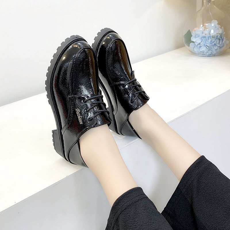 Solid Black Leather Oxford Shoes for Women Shoes Thick Bottom Square Low Heels Autumn Winter Casual Shoes Woman Flats Plus Size
