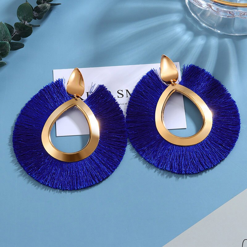 Bohemian Tassel Earrings for Women Cotton Silk Fabric Long Fringe Dangle Earrings Party Female Jewelry: Blue 9