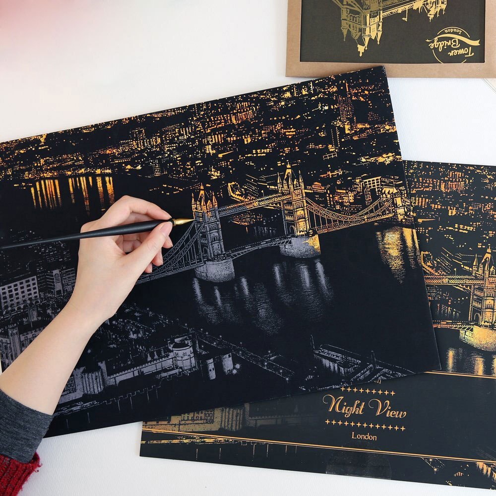 monde célèbre ville nuit scène croquis dessin rayure dessin livre Art croquis planche à dessin enfants d'anniversaire