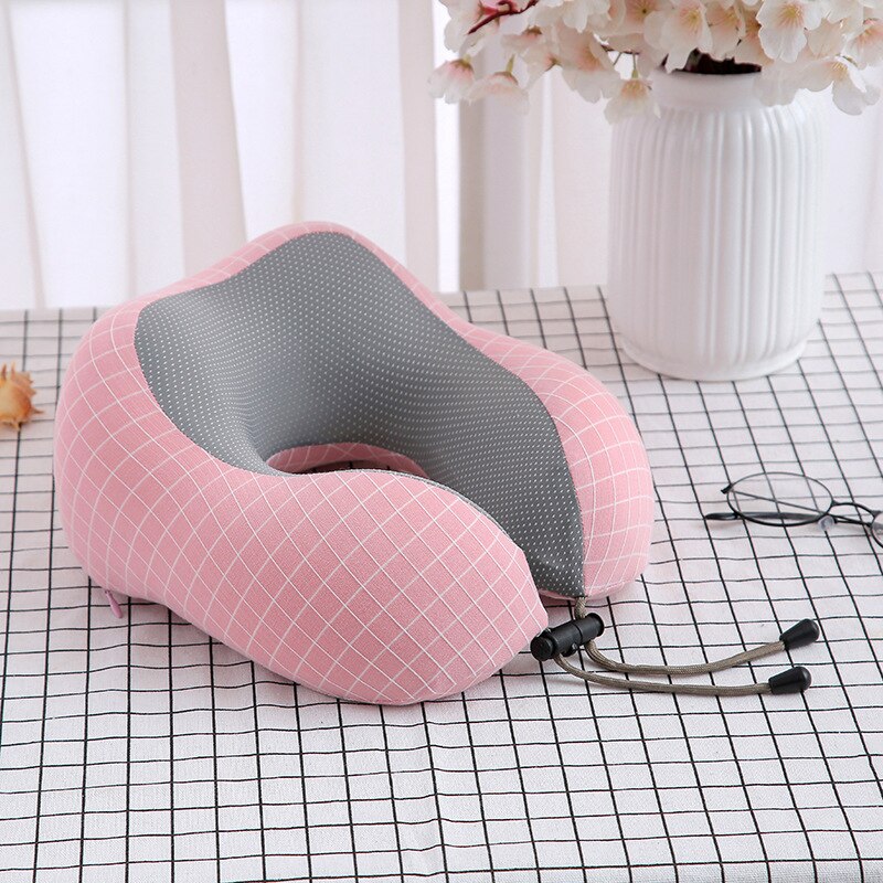 Almohada con relleno de espuma viscoelástica para el cuello, cojín magnético en forma de U para viajes, oficina, almuerzo, Coche: pink grid