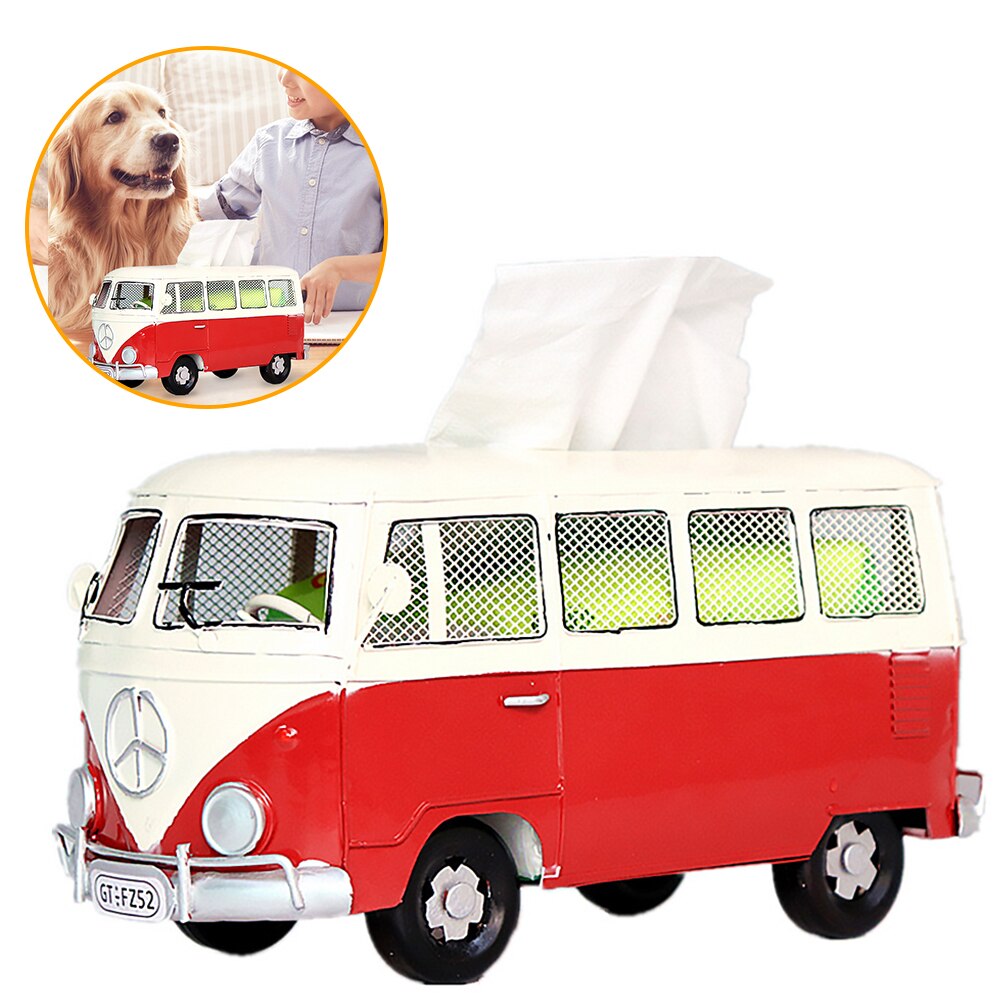Caja de pañuelos Retro de hierro forjado, creativa, Industrial, autobús de viento, decoración de escritorio, caja de papel, adornos para el hogar y la sala de estar: Rojo