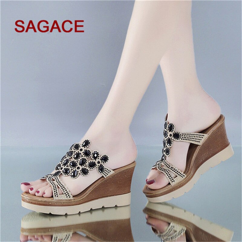 B Sagace Wiggen Schoenen Vrouwen Zomer Peep Toe Ademend Strand Sandalen Strass Slip-On Wedges Schoenen Sandalen Mujer