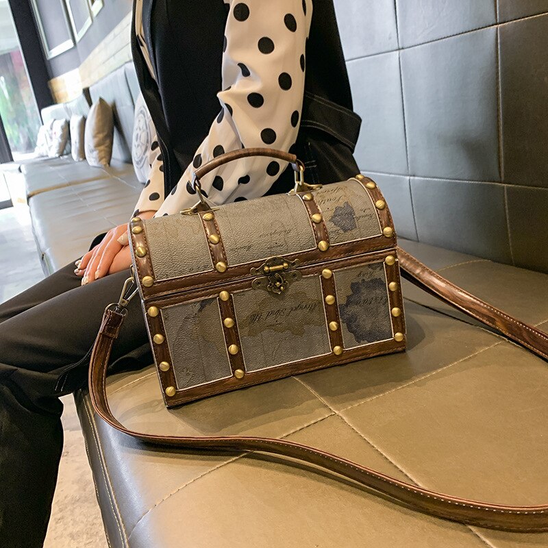 World map treasure chest Women Bags Leather Patchwork Embroidery Handbag Girl Shoulder Bags Cross Body Messenger Bag Female Tote