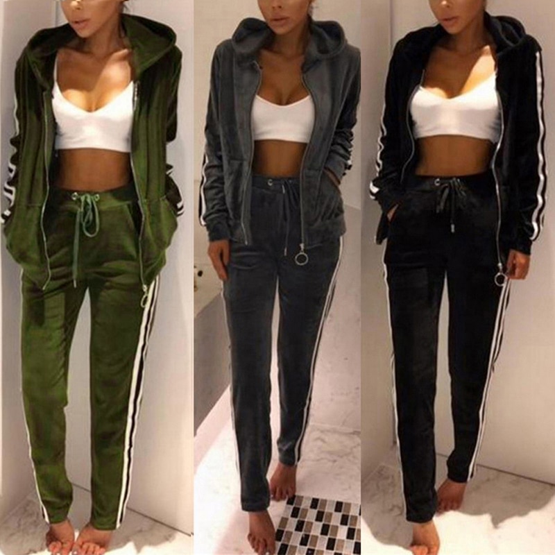 Womens Sportswear spring Winter Warm Velvet Tracksuit 2 Piece Striped hoodies Sweatshirt +Pant Sets Sweat Suit female Clothing