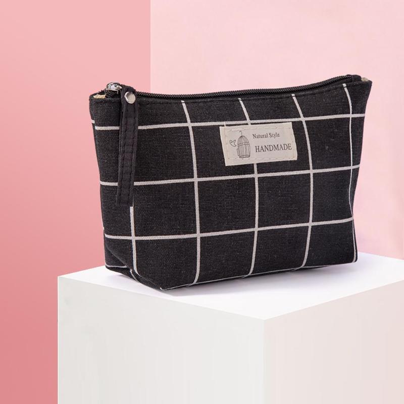 Neceser de maquillaje para mujer, kit de viaje a cuadros, bolsa para cosméticos de lienzo con cremallera impresa, bolso de teléfono, organizador, conjunto de maquillaje de belleza