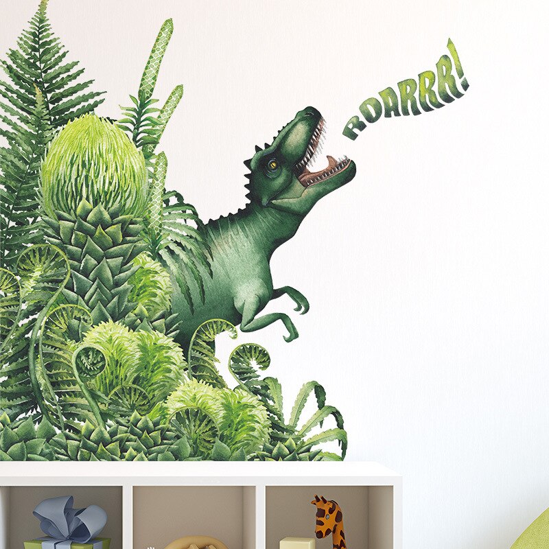 Tropical Green Plant Dinosaur Wall Stickers Children's Bedroom Wall Stickers Nursery Dinosaur Wall Decoration Art Wallpaper