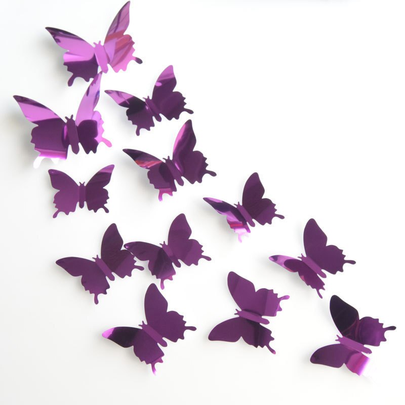 12PCS 3D Butterfly Wall Sticker Three-dimensional Simulation Mirror Texture Home Living Room TV Background Decoration Sticker: purple