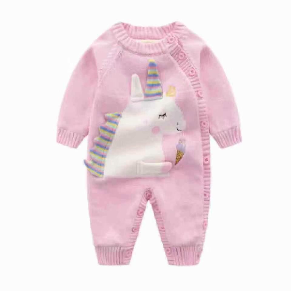 Babykleding in winterstijl, geborsteld en dik, superzacht, van katoendraad, gemaakt van een stuk, in een rompertje, gemaakt van een mannelijk en vrouwelijk model, om te kruipen: Eenhoorn roze