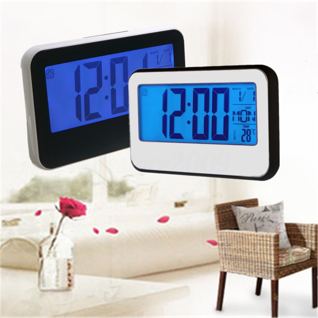 LCD Display Digital Backlight Alarm Clock Thermometer Sound Controlled Home Black/White