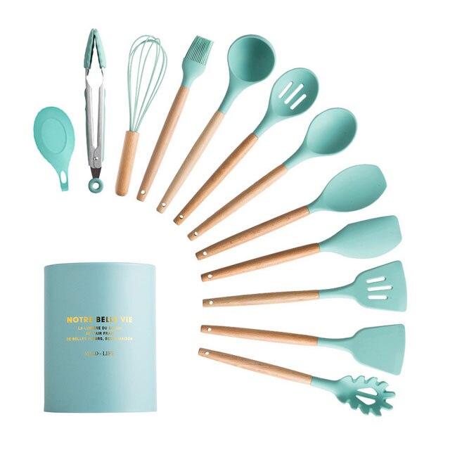 Batterie de cuisine en silicone avec poignée en bois Ensemble de cuisine Ensemble de batterie de cuisine Batterie de cuisine antiadhésive Accessoires de cuisine avec boîte de rangement en acier inoxydable: MINT GREEN-13PCS