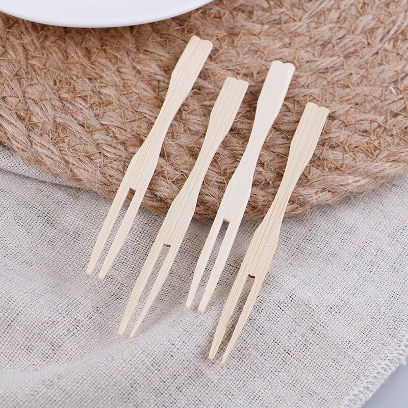 Bamboo Fruit Forks Beige 9cm Length Cocktail Fruit Picks Skewers Sticks Party Dessert Utensil Disposable Forks 100PCS