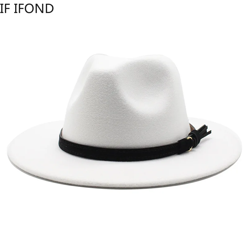 Sombrero Fedora de fieltro Gangster Trilby, gorras de Jazz de ala ancha europea americana, sombrero de boda blanco de lana para hombres y mujeres, 56-58-61CM