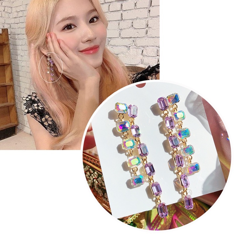 MENGJIQIAO Korean TV Star Purple Sqaure Crystal Tassel Earrings For Women Boucle doreille Jewelry