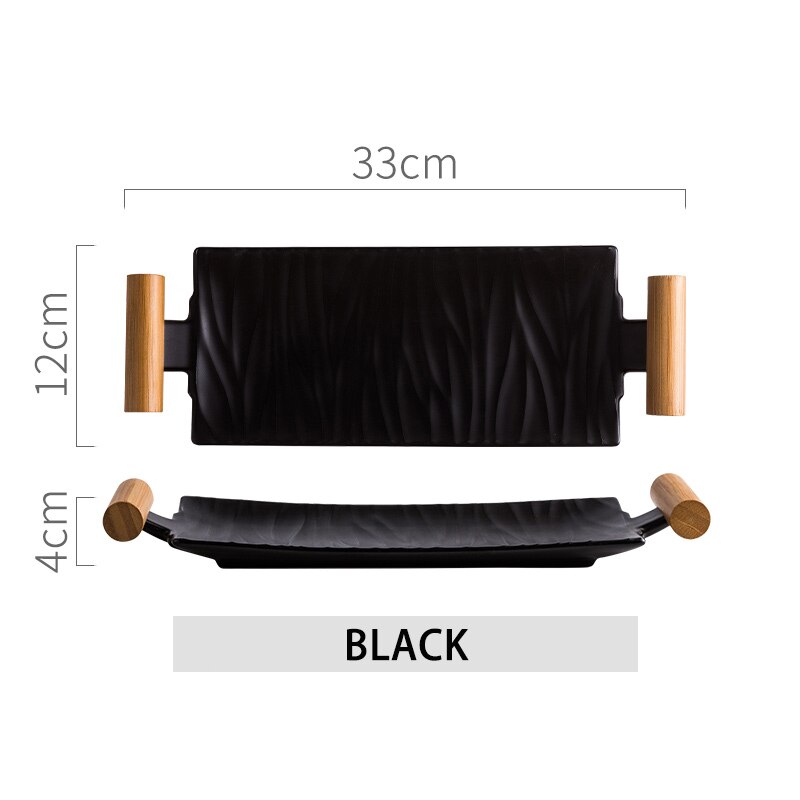 Nordic Ceramic Rectangular Sushi Long Plate Dessert Cake Snack Salmon Roast Meat Chicken Wings Plate With Handle Dinnerware: BLACK