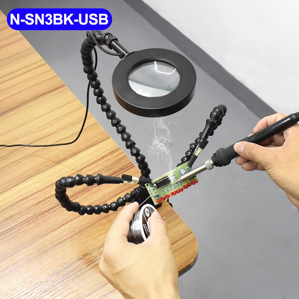 Toolour Third Arm Soldering Station USB LED Light Magnifier With 3pcs Flexible Arms Helping Hands For Repairing Welding PCB Tool: SN3BK-USB