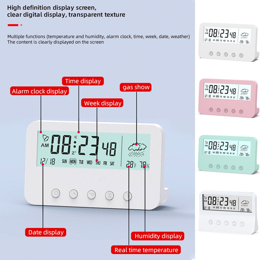 Living Room Desktop Digital Alarm Clock Plastic Countdown Timer Calendar Temperature Humidity Meter Low Noise Home Supplies