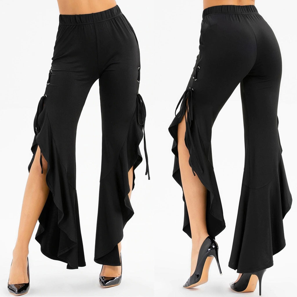 volants Flare pantalon femmes côté fente à lacets à volants pantalon doux solide poche pantalon Vintage Disco danse #3