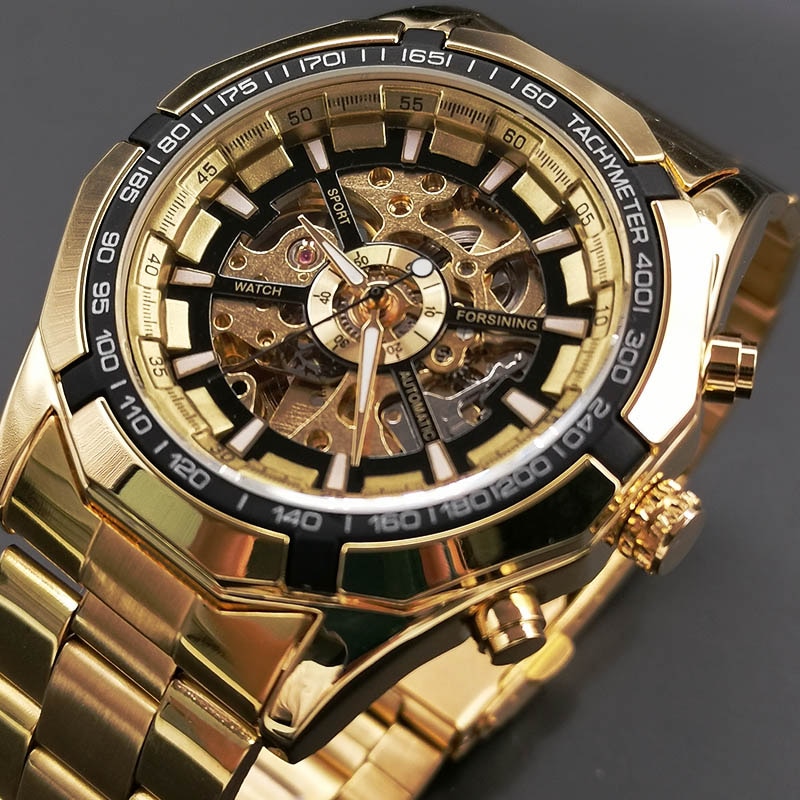 Full Golden Steampunk Men Skeleton Mechanical Automatic Casual Wrist Watches for Men
