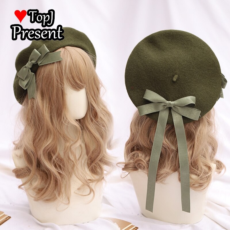 Boina japonesa de cinta Lolita, gorra de pintor desmontable multicolor, con lazo, hecha a mano: Green