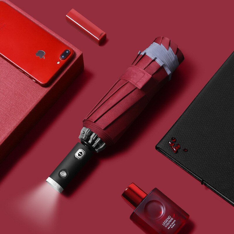 ZK30 parasol automatyczny doprowadziło latarka odblaskowy deszcz słońce odwrócony parasol biznesowy z paski odblaskowe parasole deszcz: Czerwony