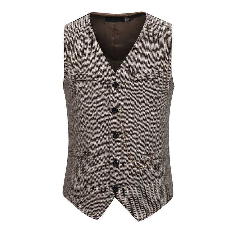 Gray Herringbone Tweed Dress Vest Men Brand Slim Fit Single Breasted Vest Waistcoat Men Business Wedding Vests Gilet Homme