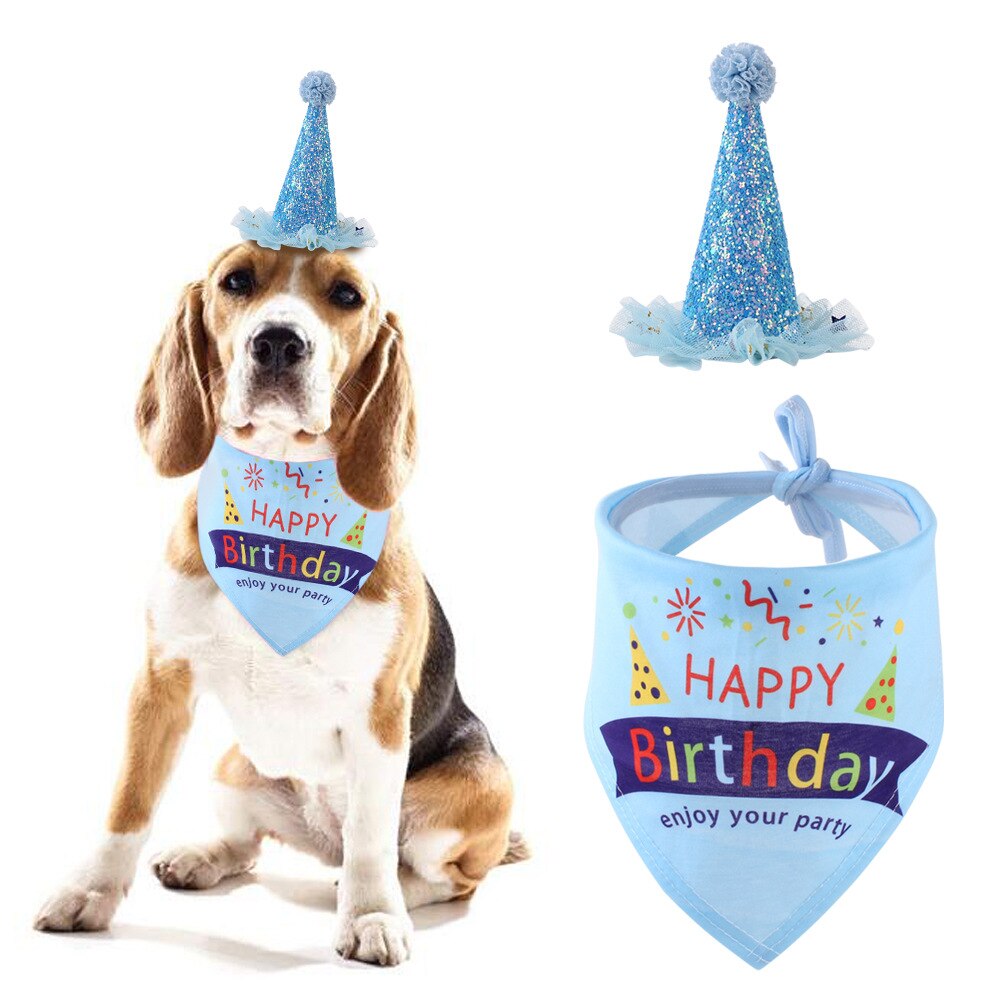 Hund fødselsdag bandana hat tørklæde fest leverer dekorationer søde fødselsdagsdragt ideelle til små mellemstore hunde katte: 2 stk blå