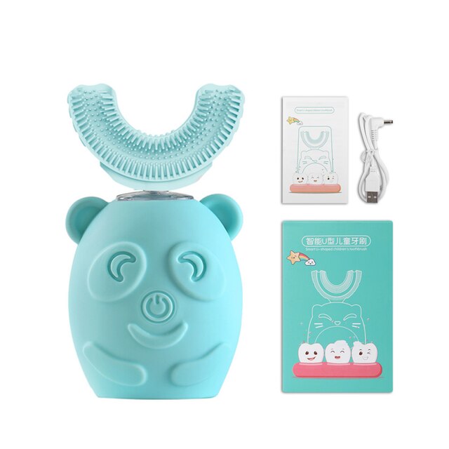 Brosse à dents électrique ultrasonique automatique en silicone, 360, pour enfants, brosse à dents en forme de U, intelligente, mignonne, dessin animé: A-blue 1-7Y