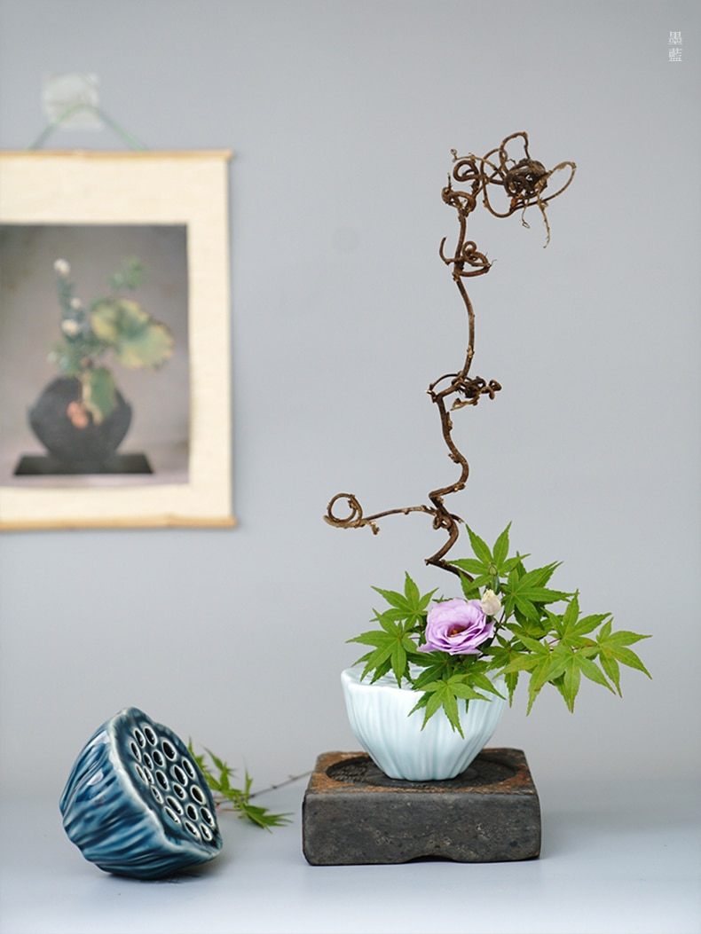 Ceramic Lotus Seedpod Japanese Ikebana Flower Arrangement Vase Tea Table Desktop Small Flower Pot Plate Decoration