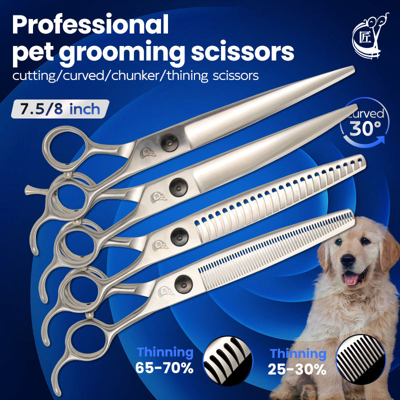 Kraankobaltstalen 7.5 & 8.0 Inch Honden Trimschaar Set Zwart Recht Gebogen Uitdunningsschaar Voor Honden Trimmer