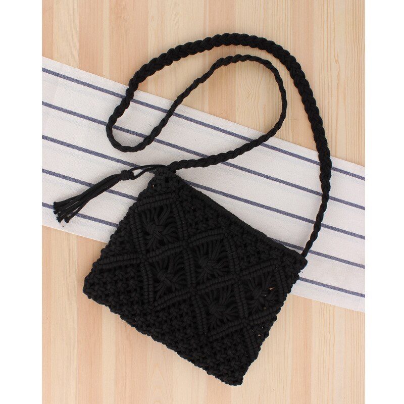 Bohemian Stijl Geweven Stro Tote Tas Voor Vrouwen Mode Eenvoudige Kwastje Casual Tote Tas Vintage Dames Meisje Strandtas: BLACK