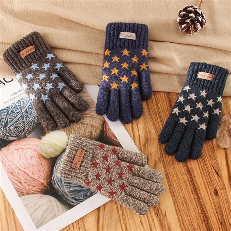 Children's Gloves Winter Boys Thickened Warmth Five-pointed Star Knitting Yarn for Boys
