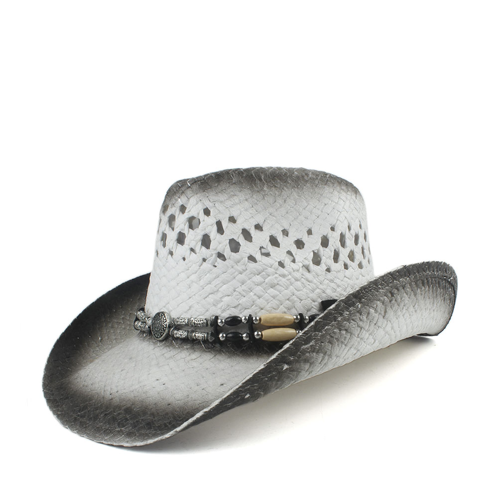 Sombrero de paja estilo vaquero para Hombre y mujer, Sombrero de paja estilo vaquero occidental, estilo Retro, tejido hecho a mano, disponible en talla 56-58CM,: Black
