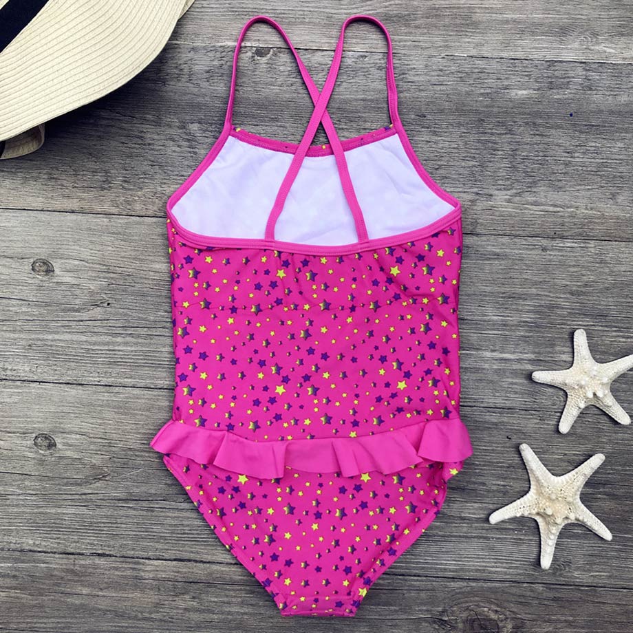 5-12 Years Girl One Piece Swimsuit Stars Print Kids Swimwear Cross Back Child Girl Bathing Suit Young Girls Swimming Suit Black