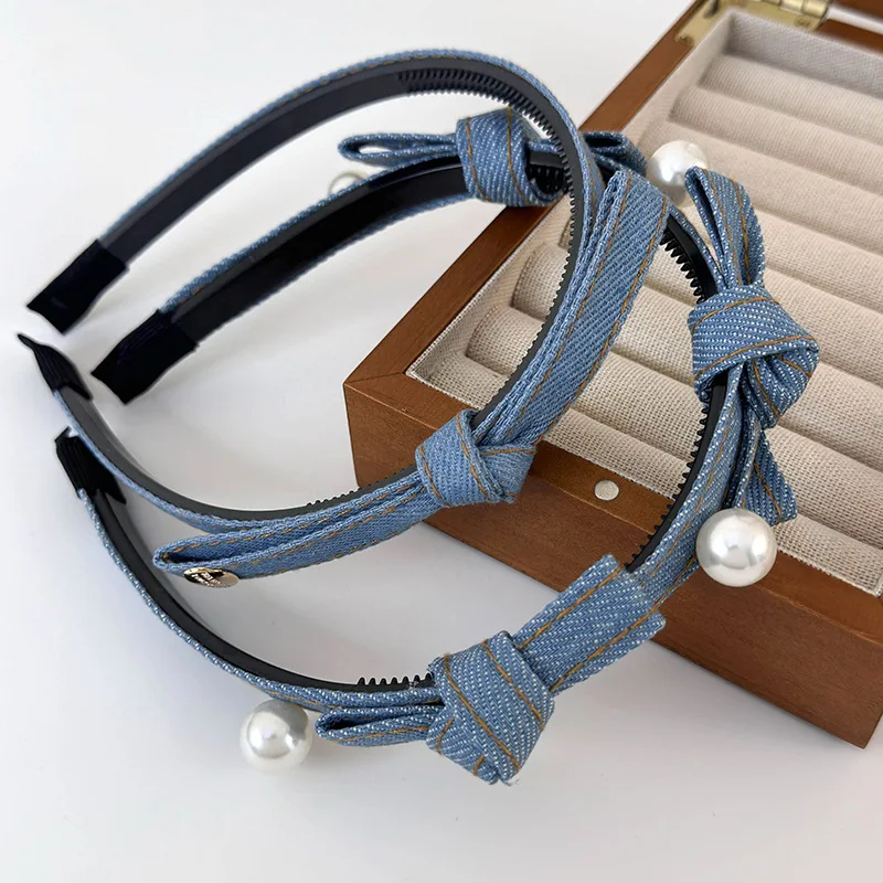 Diadema de perlas con lazo de Color azul vaquero Retro para niña, bandas para el cabello dulces para mujer, aro para el cabello con temperamento, accesorios para el cabello de femenina