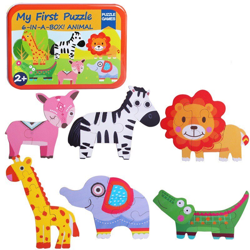 Peuter Baby Vroege Educatief Speelgoed Houten Dier Puzzels 6 Stuks In 1 Ijzeren Doos: Animal