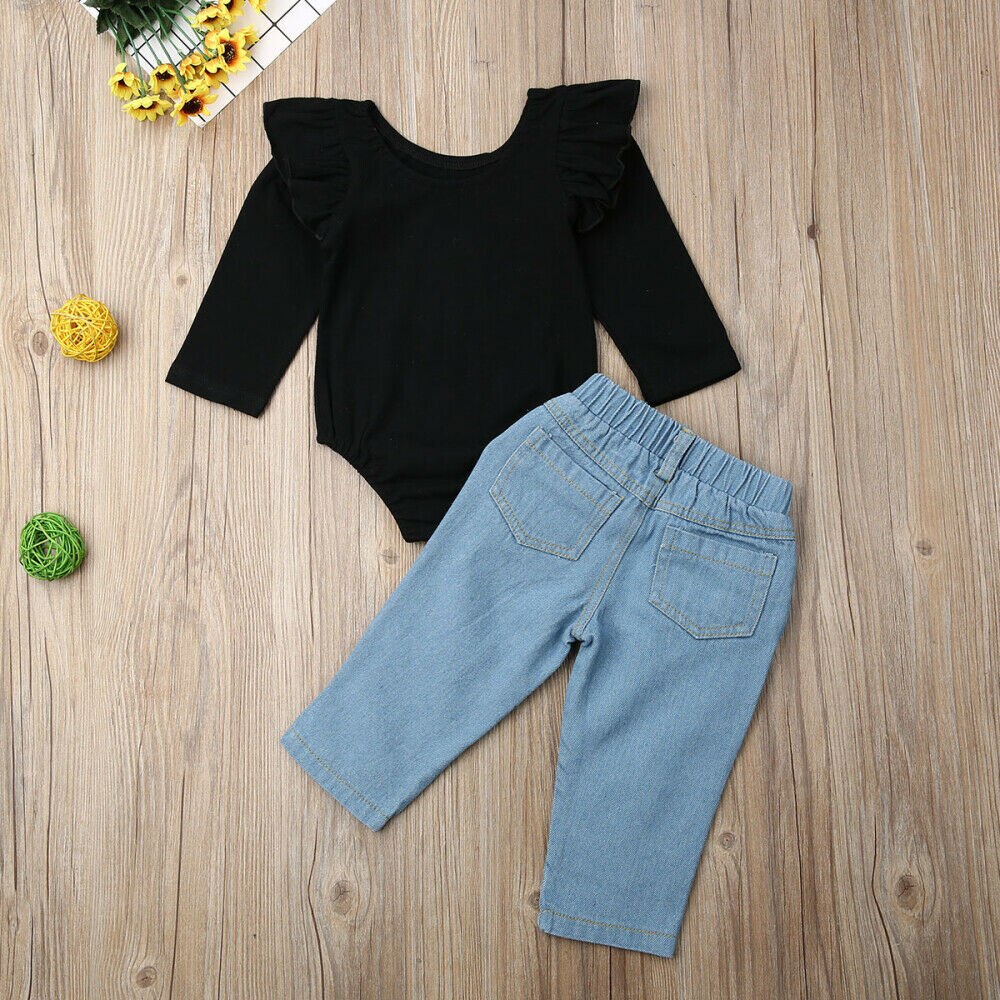 2PCS Toddler Kids Baby Girl Clothes Sets 1-6Y Letter Long Sleeve Ruffle Romper+Denim Pants Winter Outfits Clothes