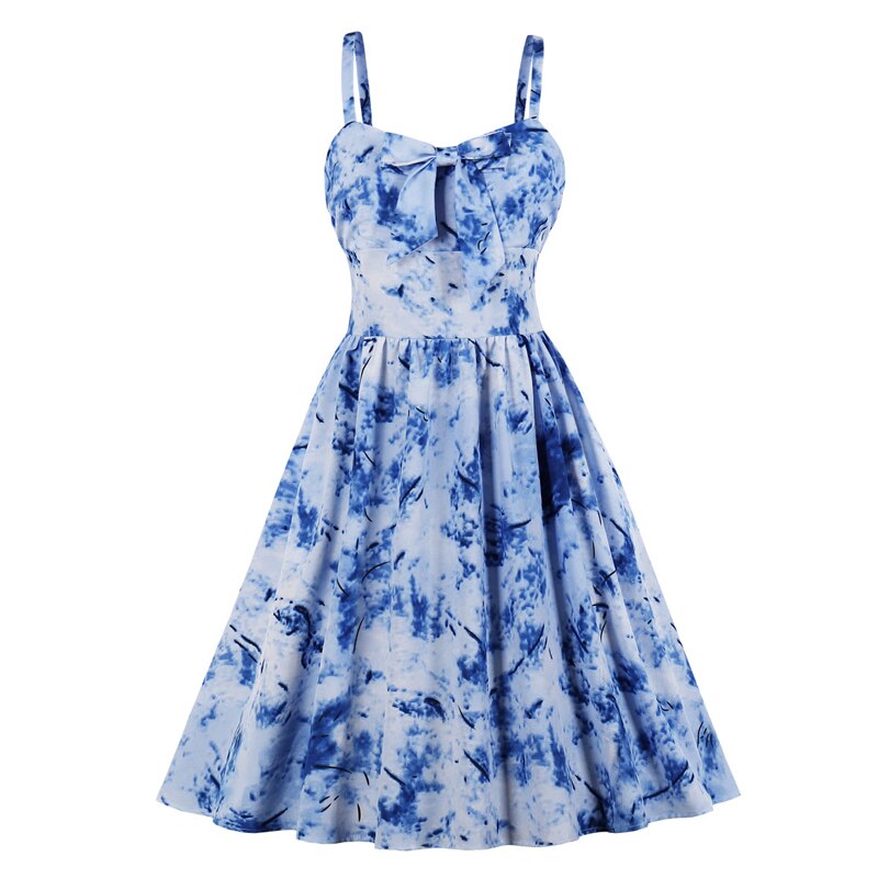 Tonval flerfarvet print sløjfe foran 50s vintage højtaljede plisserede kjoler til kvinder spaghetti rem fest pinup kjole: Bindefarve-polyester / Xxl