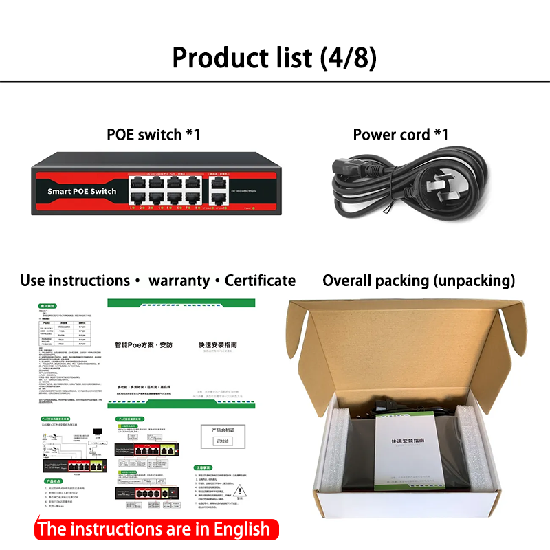 Série POE Switch gigabit ethernet 4/6/8/16/24 portas, POE ativo para câmeras IP, switch AP sem fio, Gigabit IEEE 802.3 AF/AT