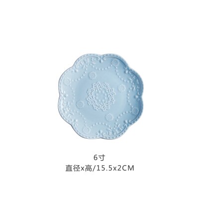 Assiette à fruits en relief chinoise, assiettes à salade, plateau en céramique, disque à Steak rose, gâteau, plat, accessoires de cuisine pour la maison, 6, 8, 10 pouces: Blue 6 inches