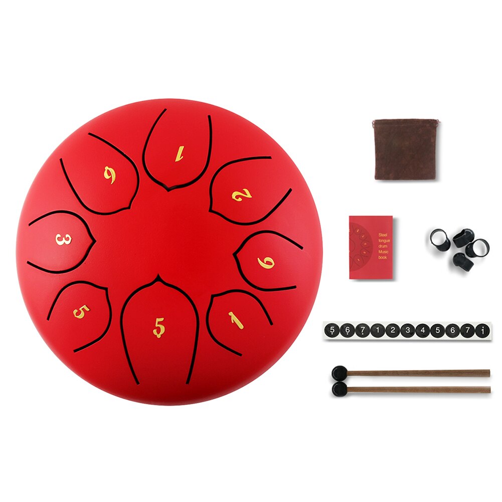 Tong Drum 6 Inch Staal Tong Drum Set 8 Tune Hand Pan Drum Pad Tank Sticks Draagtas Slaginstrumenten accessoires: Rood