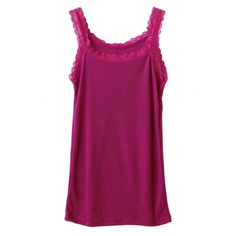 Vrouwen Zomer Mouwloze Tank Solid Candy Kleur Basic Hemdje Bloemen Kant Trim Geribbelde Gebreide Casual Ondergoed Slanke Vest: Rose Red