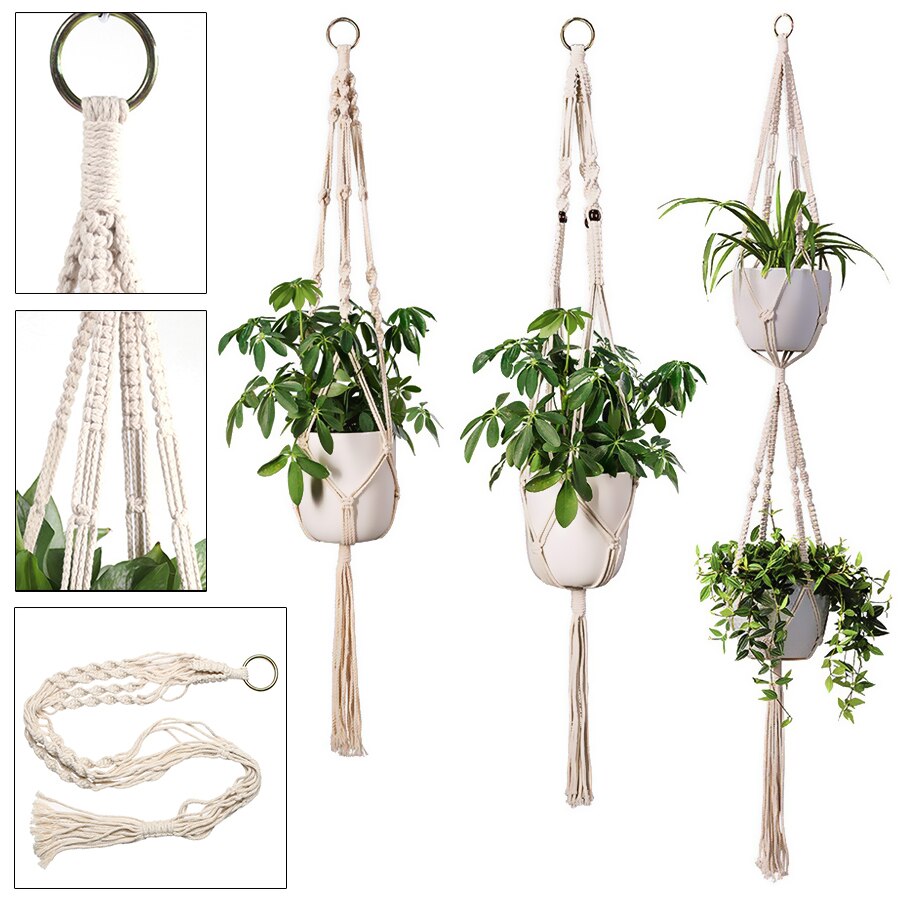 Pot de Fleurs Suspension pour Plantes en Macramé pour Jardin et Cour, Panier Suspendu Fait à la Main pour Décoration Murale